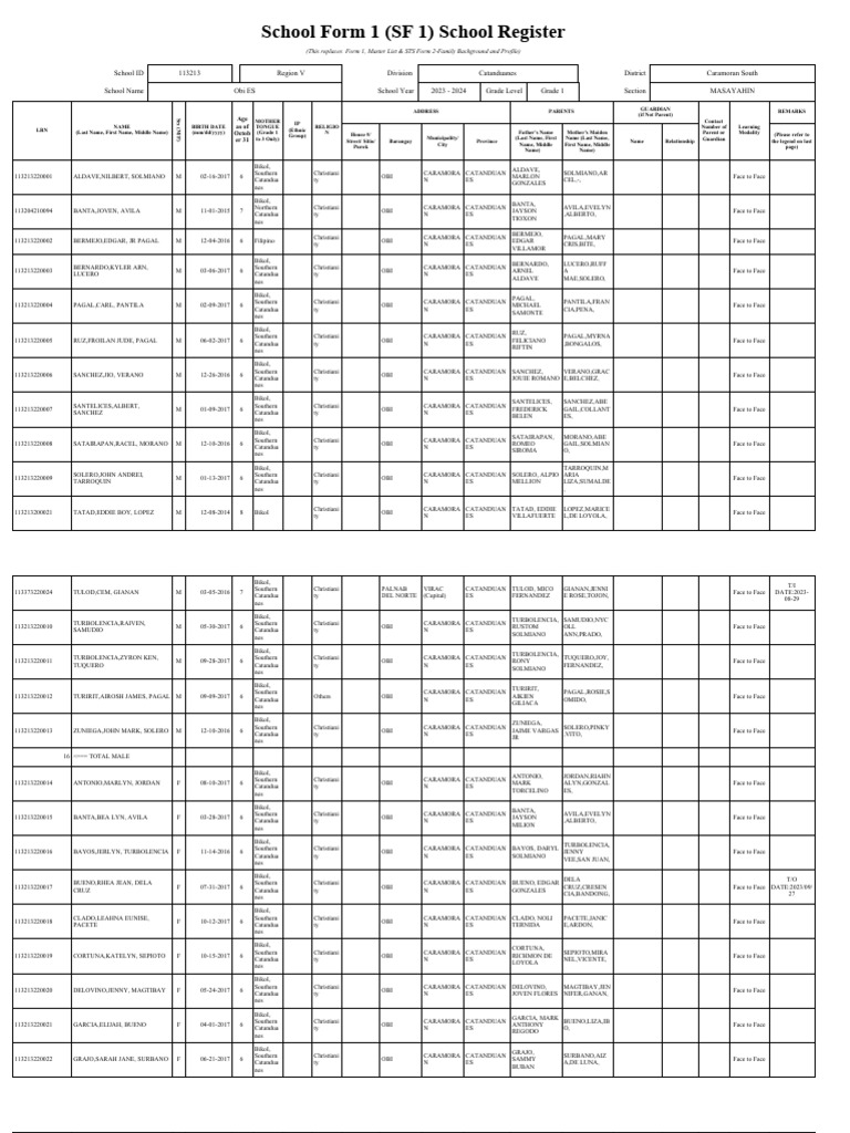 Grade 1 School Register 2023-2024 | PDF