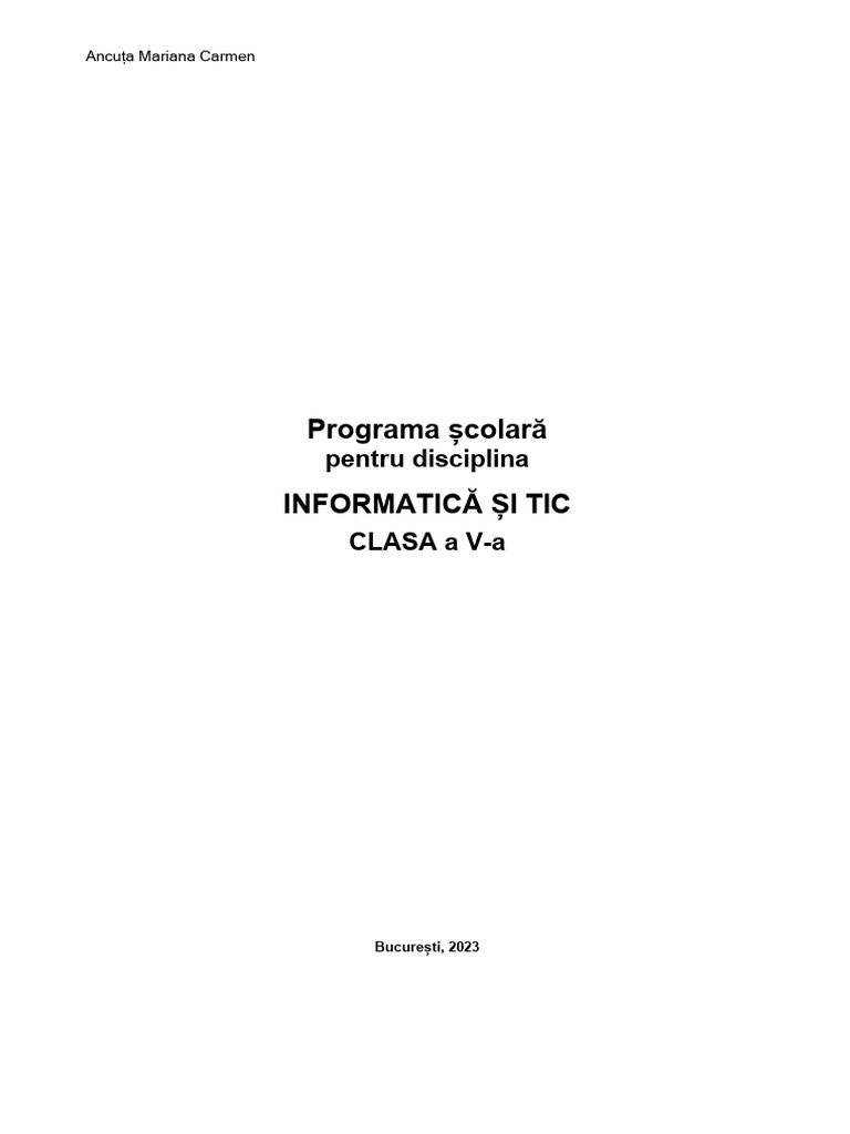 Programa Scolara - Informatica Si TIC - Clasa A V A | PDF