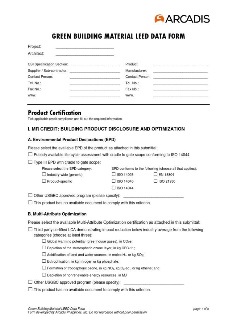 Material LEED Data Form v4 | PDF | Life Cycle Assessment | Green Building