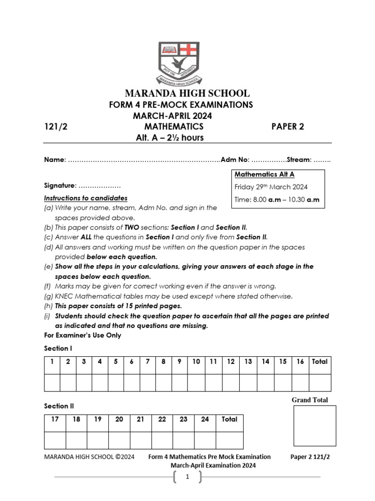 Form 4 Mathematics Pre-Mock Exam 2024 | PDF | Trigonometric Functions ...