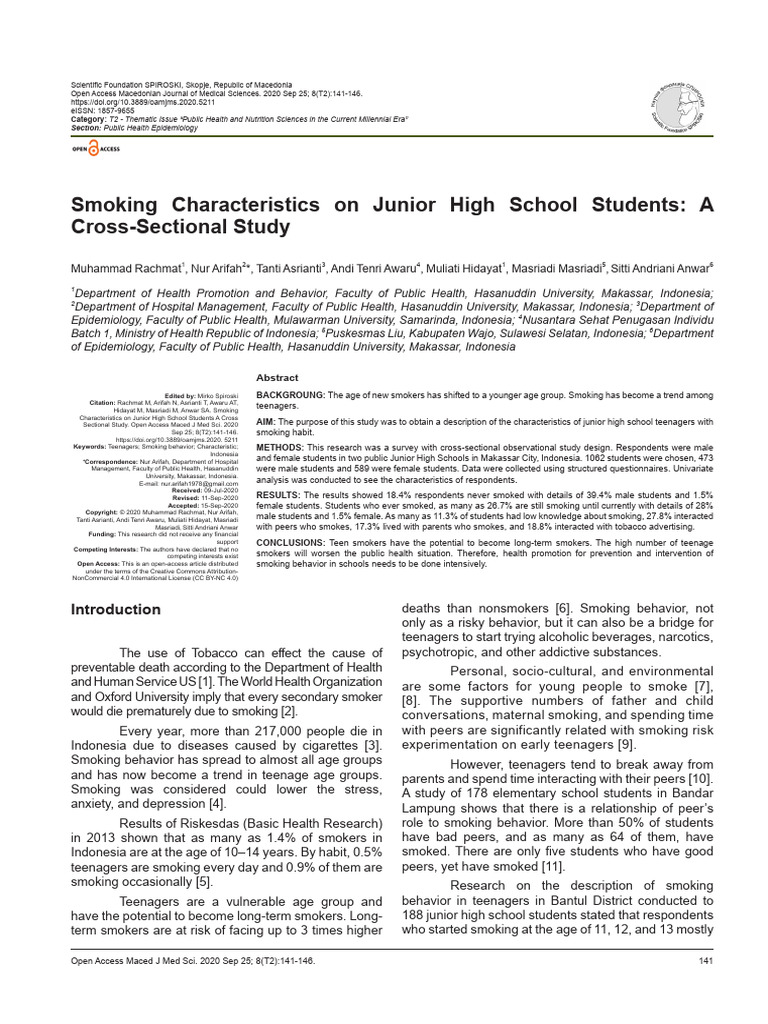 Smoking Characteristics On Junior High School Students A Crosssectional Study 2020 Open Access