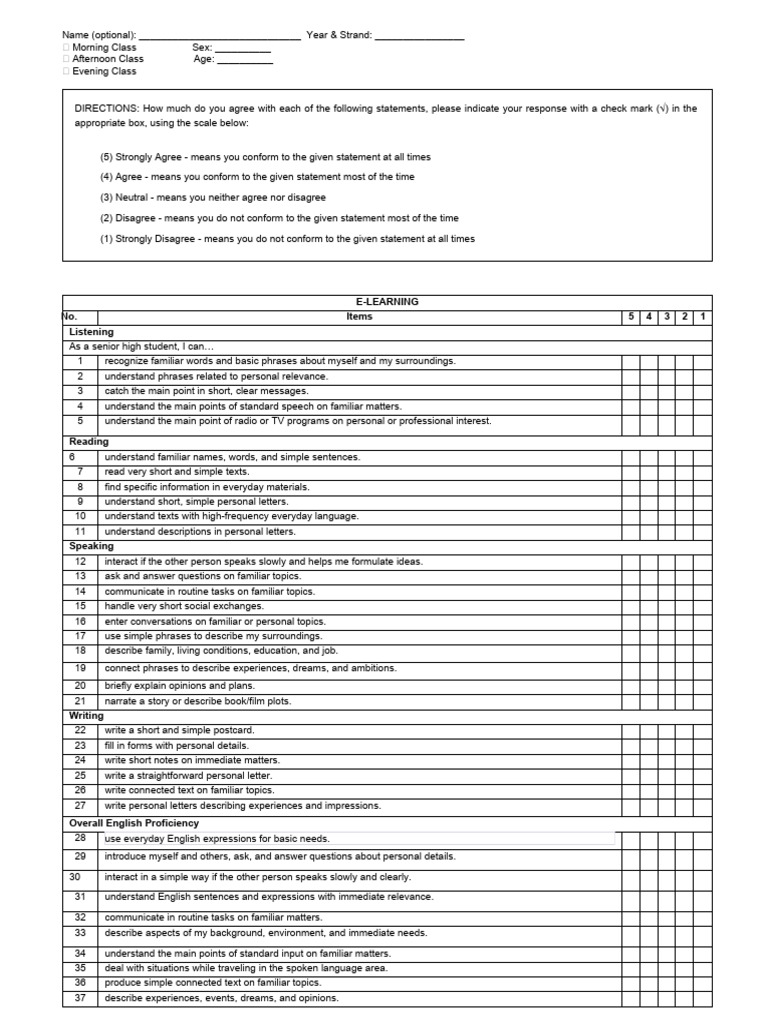 E-Learning English Proficiency Survey | PDF | English Language ...