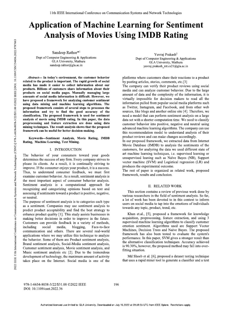 Application of Machine Learning For Sentiment Analysis of Movies Using ...