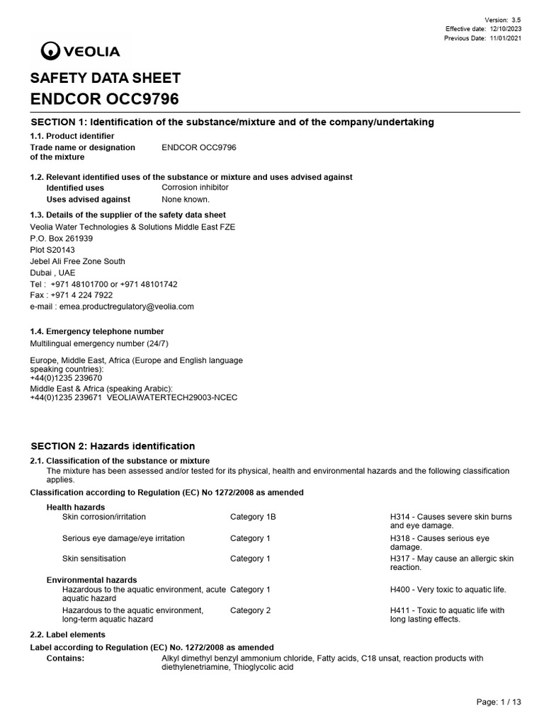 ENDCOR OCC9796 Safety Data Sheet | PDF | Dangerous Goods | Toxicity
