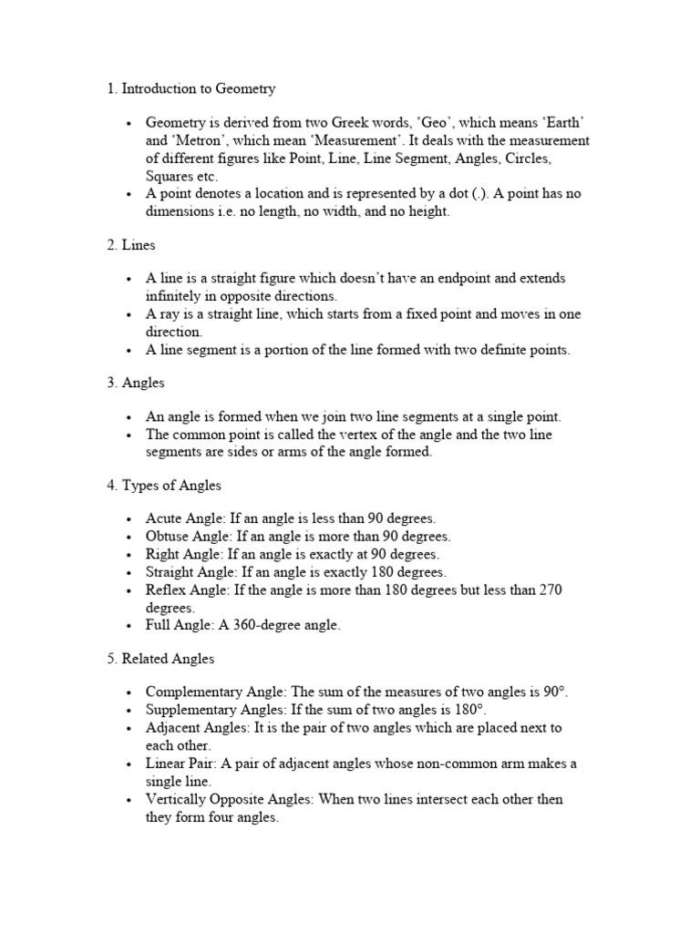 Lines and Angles Notes PDF Angle Line (Geometry)