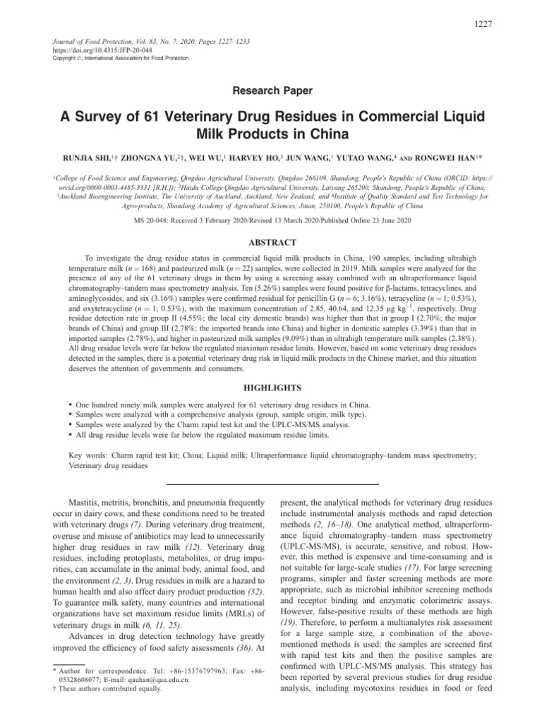 A Survey of 61 Veterinary Drug Residues in Commercial - 2020 - Journal ...