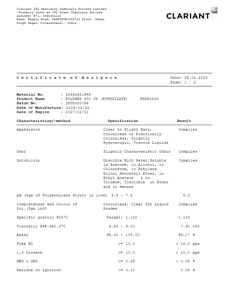 Polymeg 400 Certificate of Analysis | PDF | Ethanol | Chemical Substances