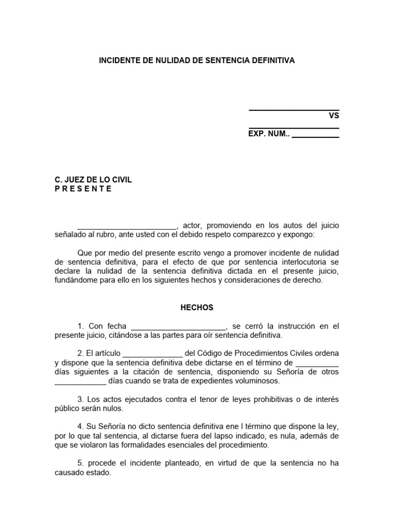 Incidente de Nulidad de Sentencia Definitiva | PDF | Sentencia (ley