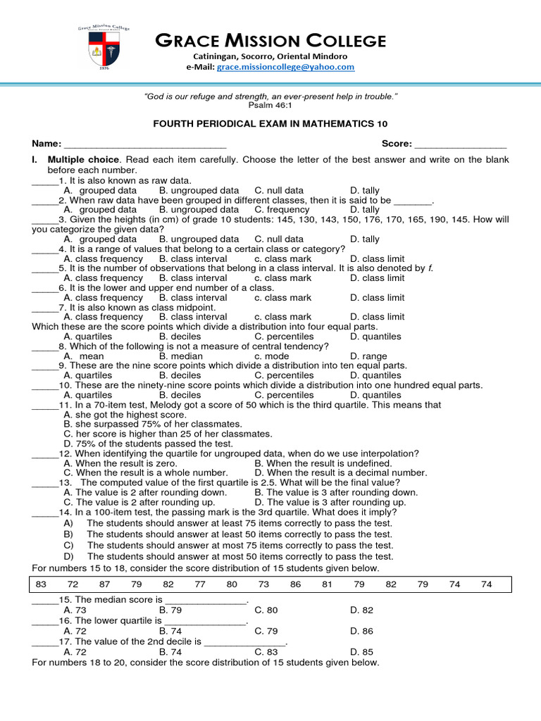 Grade 10 Math 4th Periodical Exam | PDF | Quantile | Quartile