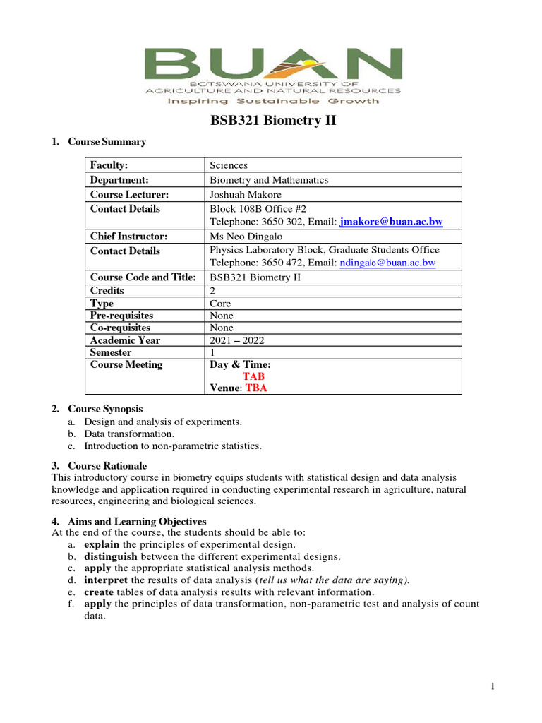 Course Outline BIOMETRY 2 BSB321 AY2021-2022 SEMESTER 1 | PDF | Design ...