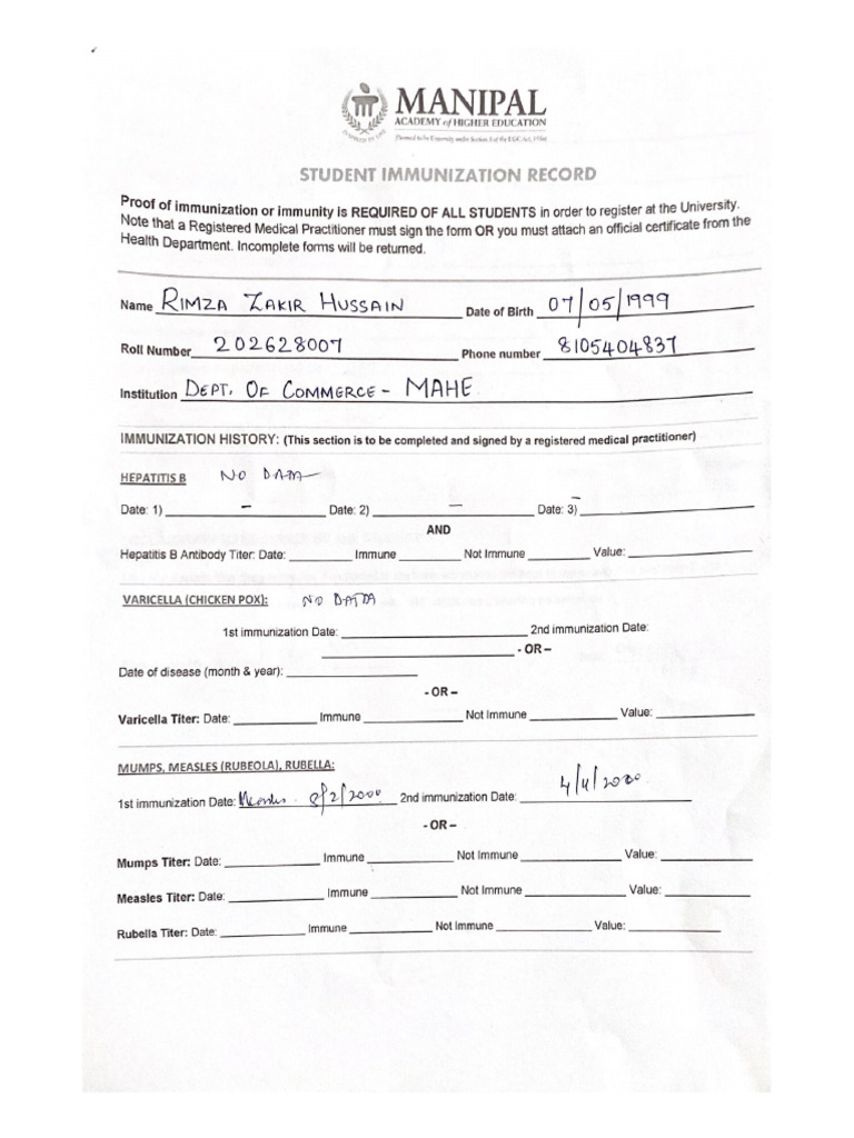 Student Immunization Record | PDF