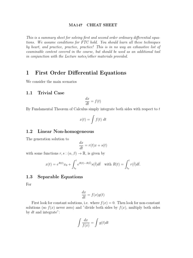 MA147 Cheat Sheet | Download Free PDF | Ordinary Differential Equation ...