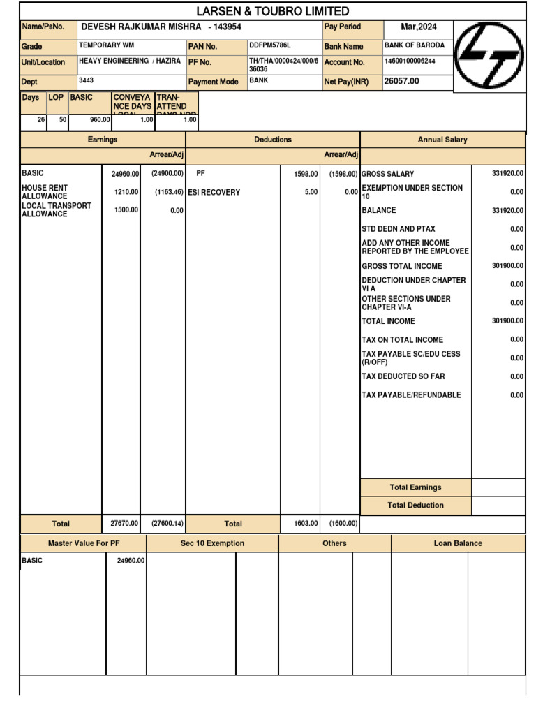 L&T Employee Salary Breakdown Report | PDF | Taxes | Government Finances