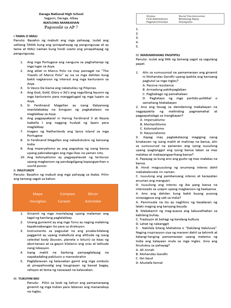 Pagsusulit Sa Ap 7 | PDF