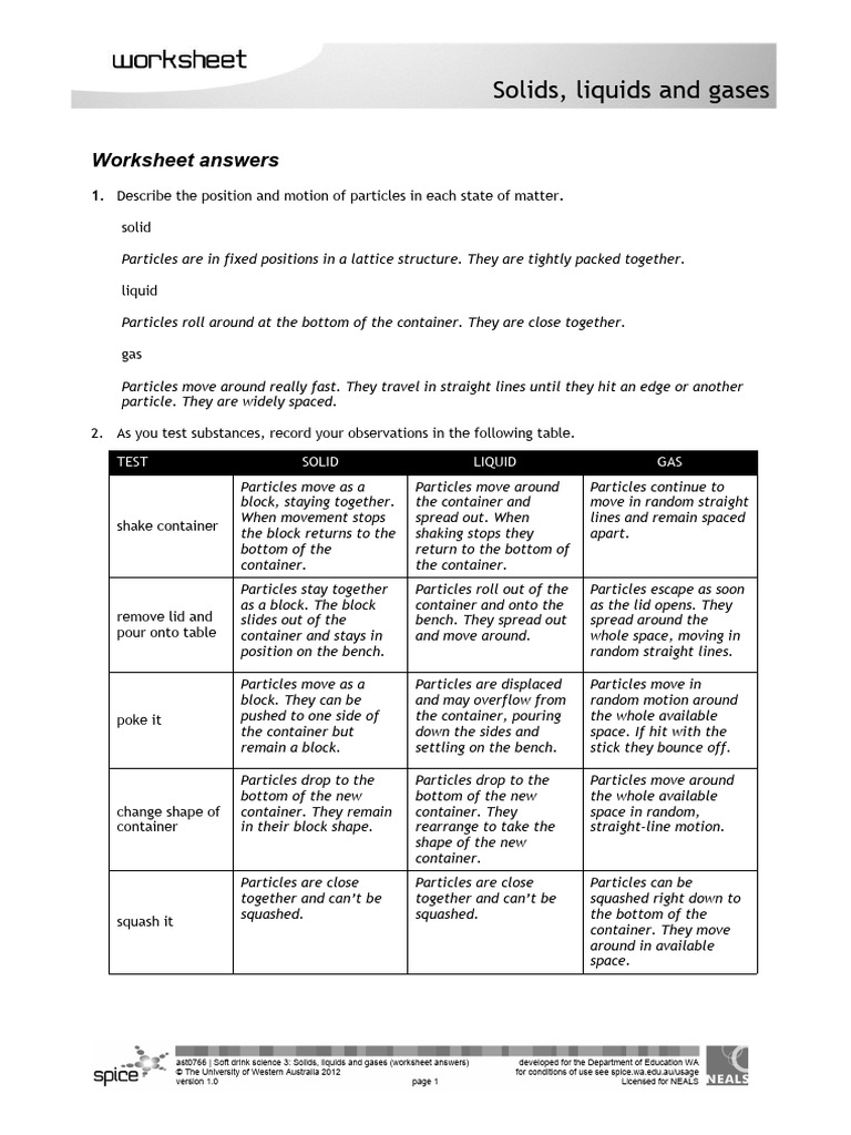 States of Matter Worksheet Answers | PDF | Liquids | Gases