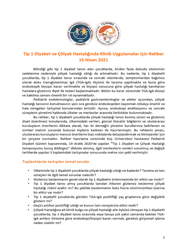 Tip 1 Diyabet Ve Çölyak Hastalığı OrtakRehberiSONMETİN17Nisan2021 | PDF