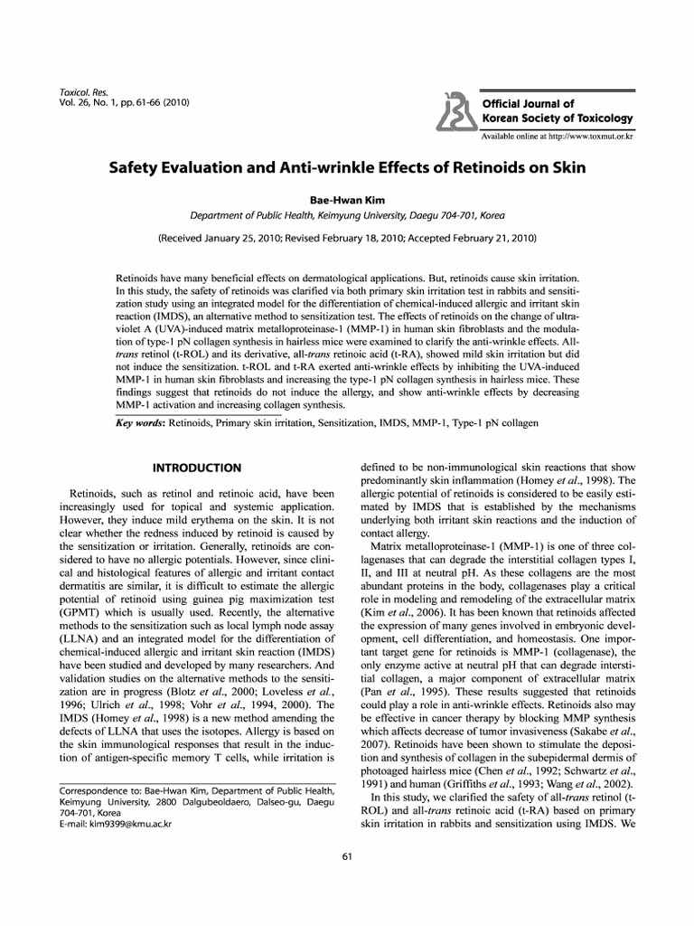 Safety Evaluation and AntiWrinkle Effects of Retinoids On Skin