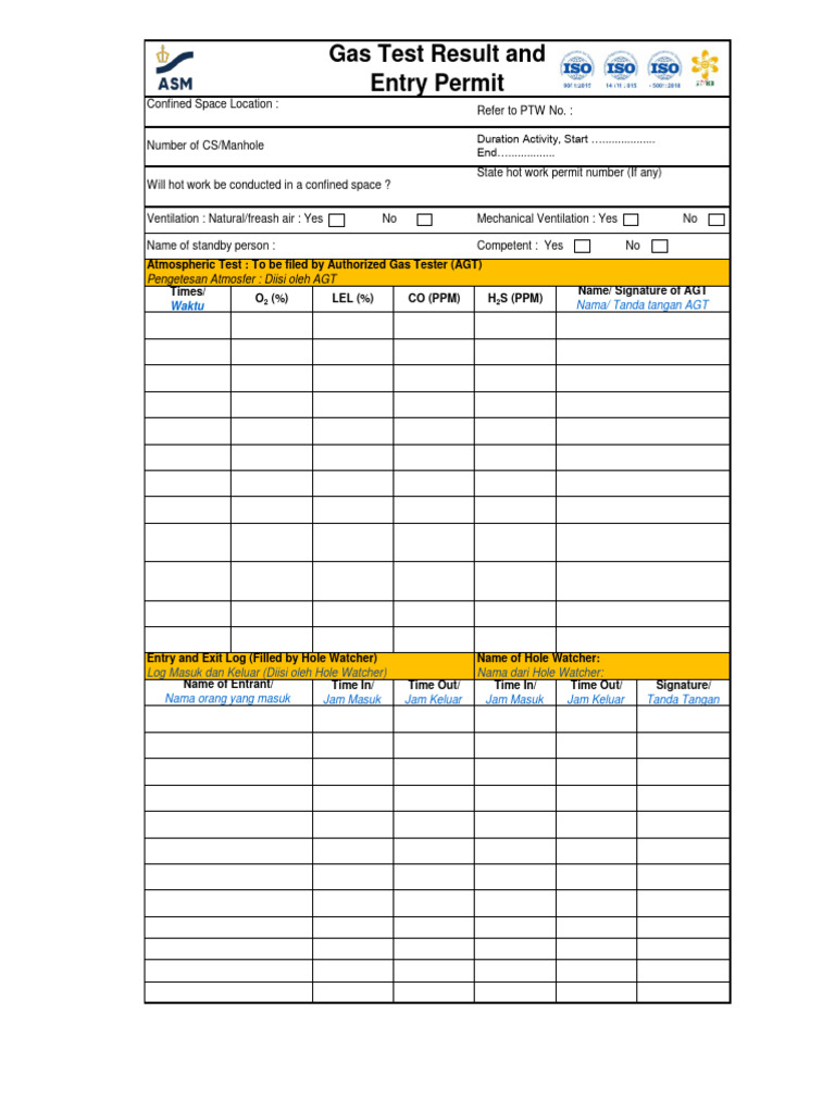 Confined Space Gas Test Permit Template | PDF
