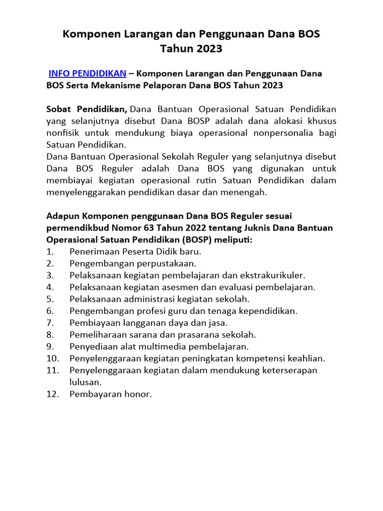 Larangan Penggunaan Dana Bos Tahun 2024