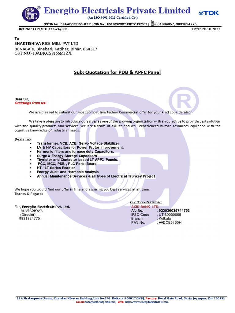 Quotation for PDB & APFC Panel | PDF | Electrical Engineering | Electricity