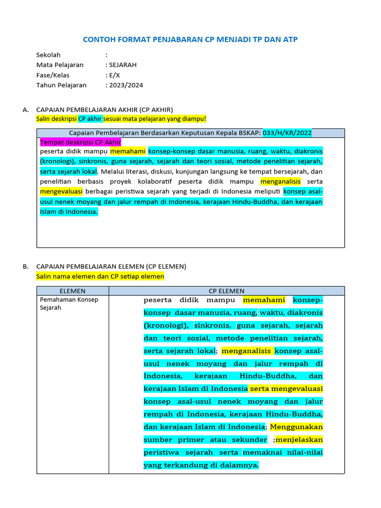Contoh Format Penjabaran CP Menjadi TP Dan ATP-SMA-Fase E | PDF | Ilmu ...