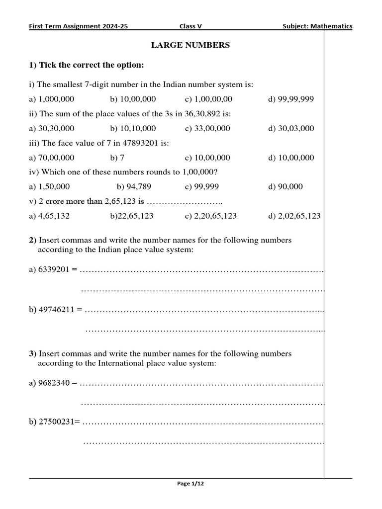 Class V Math Assignment 2024-25 | PDF | Elementary Mathematics ...