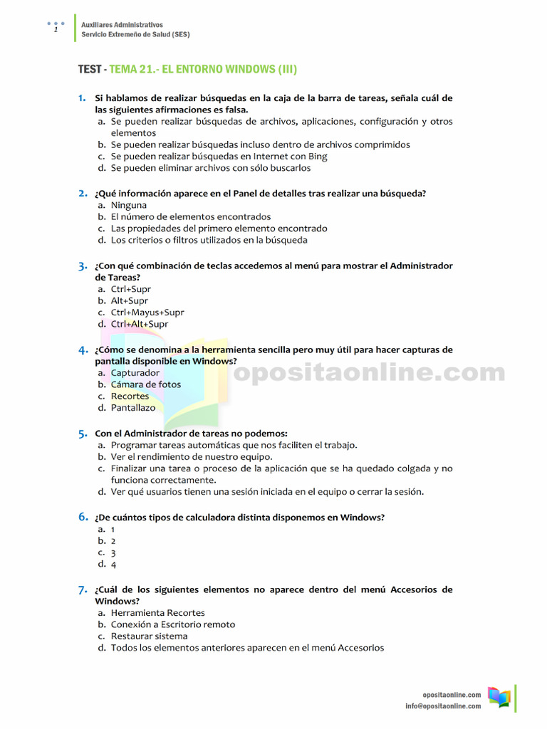 TEST TEMA 21. El Entorno Windows 3 Web | PDF