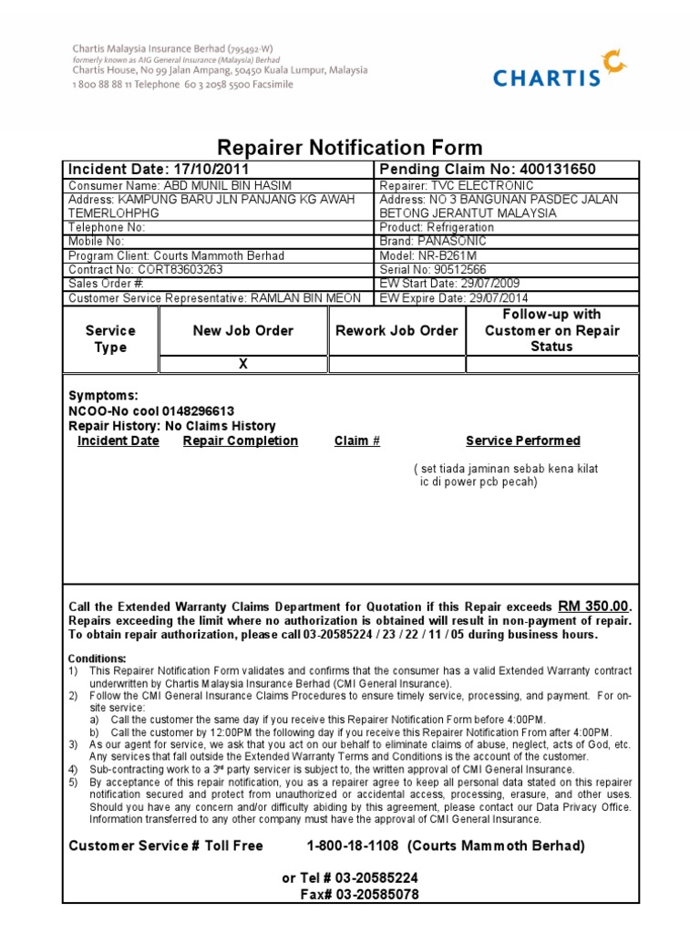 Panasonic Refrigeration Repair Notification | PDF
