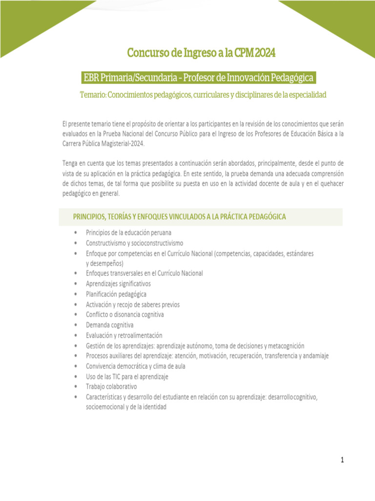 Temario para Concurso de Innovación Pedagógica | PDF | Plan de estudios ...
