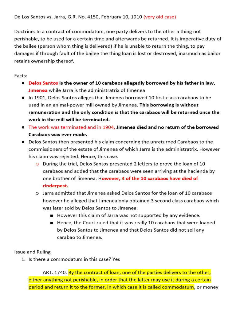 Commodatum Case: De Los Santos vs. Jarra | PDF | Indemnity | Law Of ...
