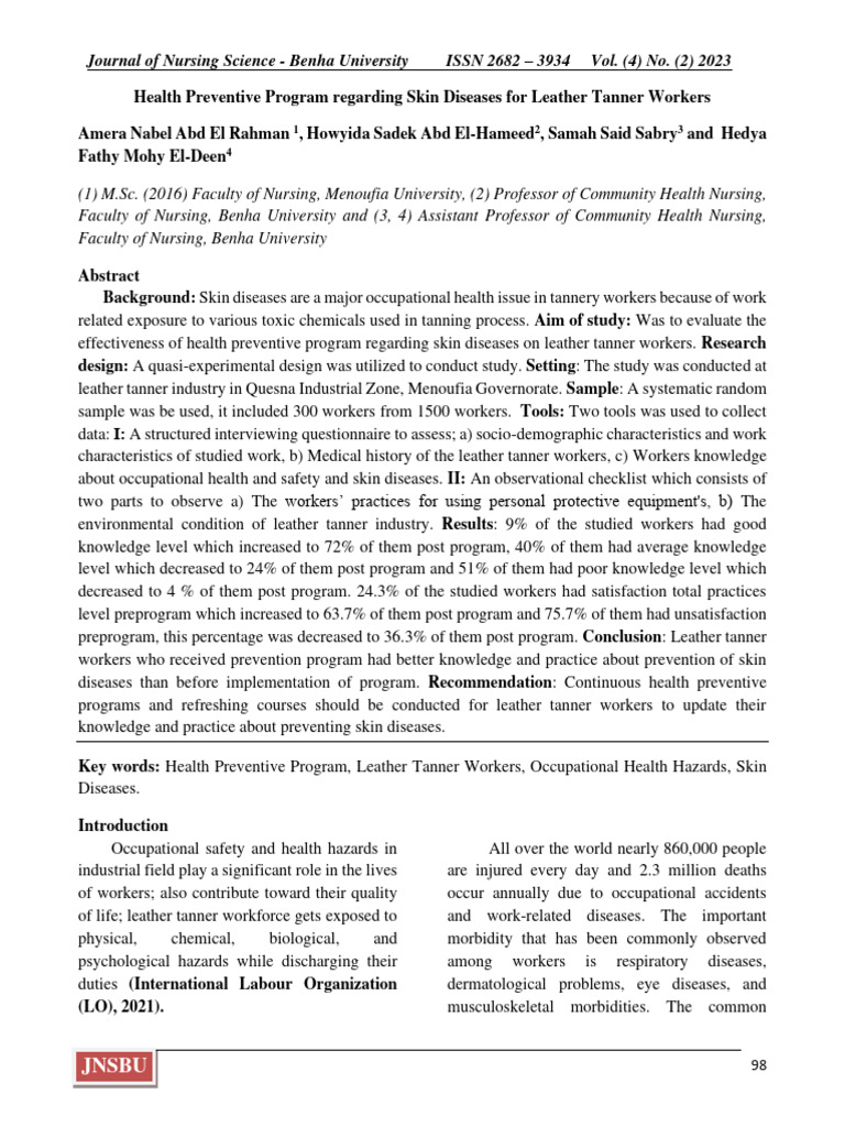 Skin Disease Prevention for Tanner Workers | PDF | Occupational Safety ...