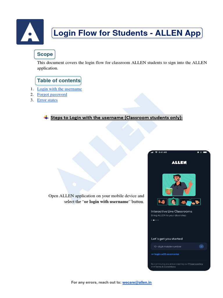 ALLEN App Student Login Guide | PDF | Login | Password