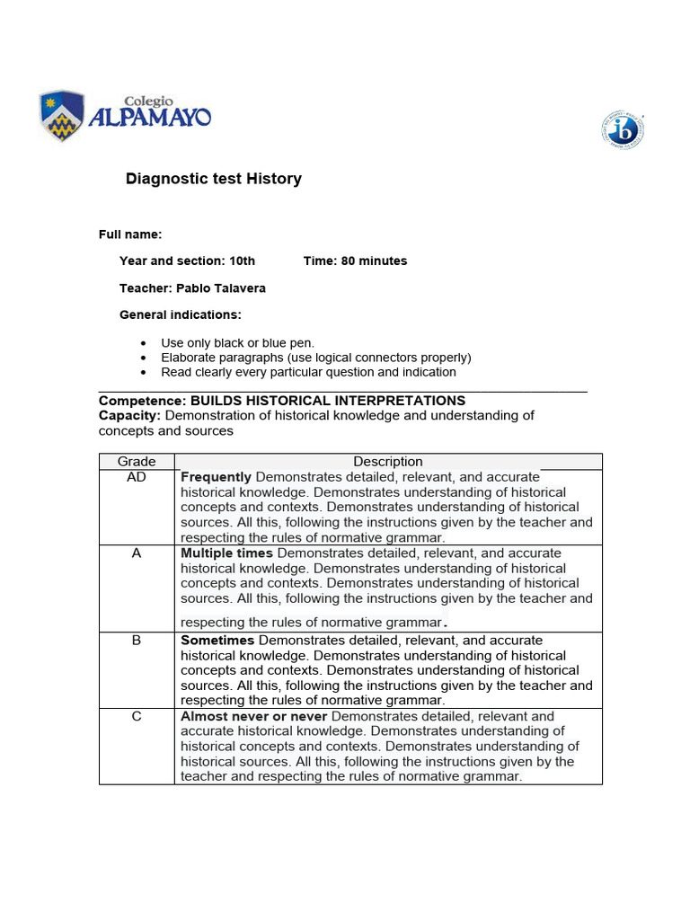 10th Grade History Diagnostic Test | PDF | Imperialism | Understanding