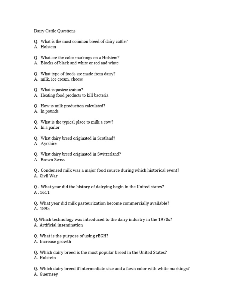 Dairy Cattle Questions PDF Dairy Cattle Milk