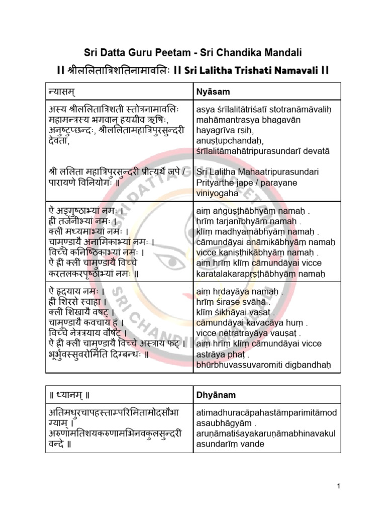 Lalitha Trishati Namavali Sanskrit English | PDF