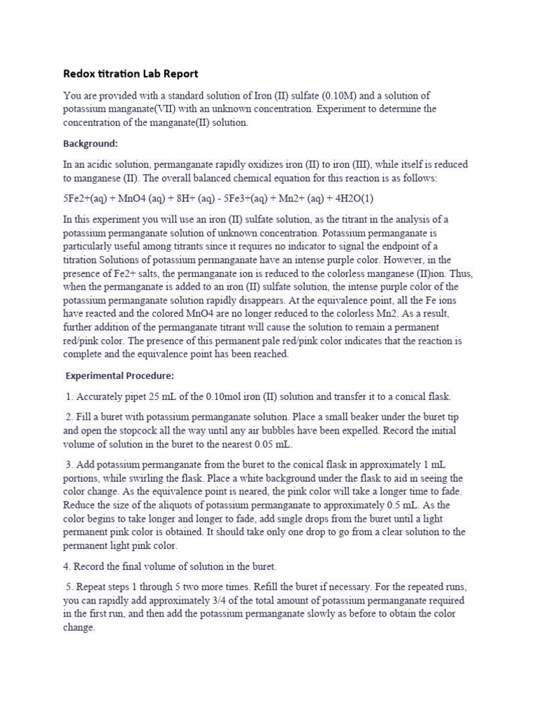Redox Titration Lab Report PDF Titration Chemistry
