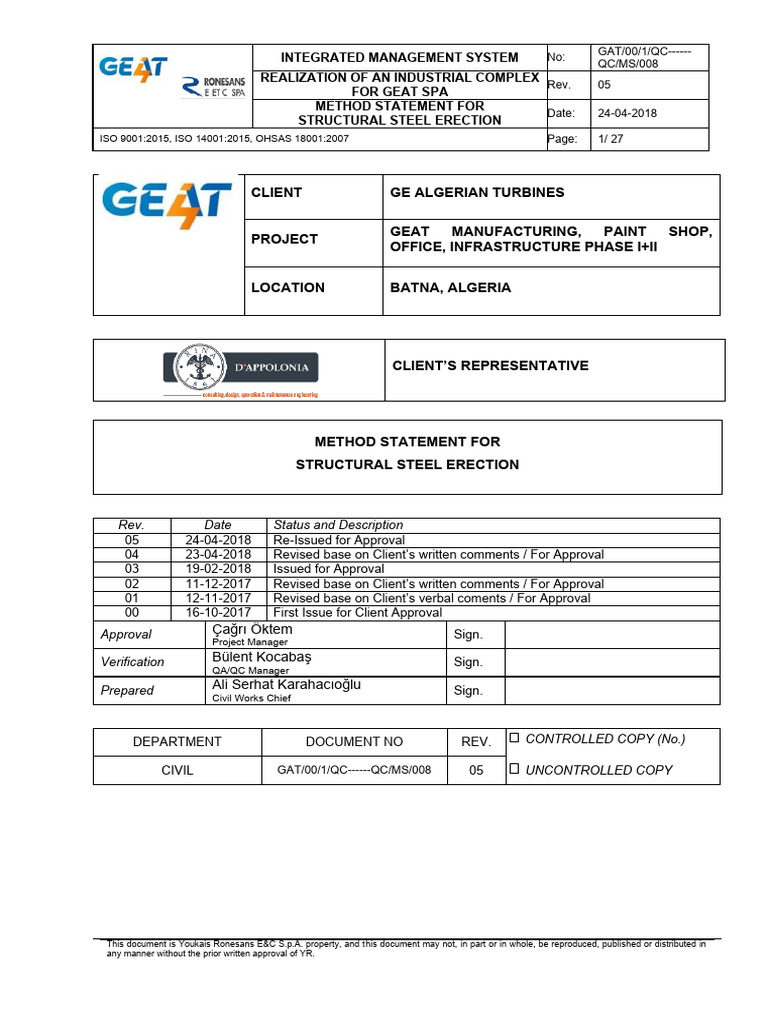 Structural Steel Erection Method Statement | PDF | Screw | Quality ...