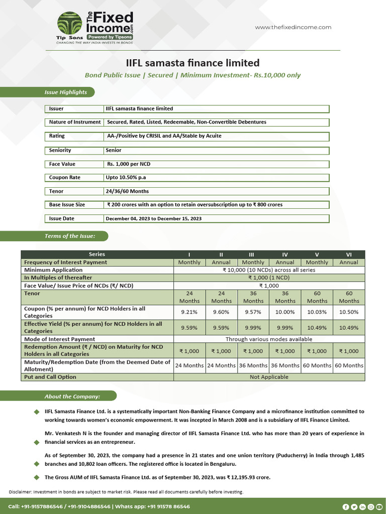 IIFL Samasta Finance Bond Details | PDF | Bonds (Finance) | Yield (Finance)