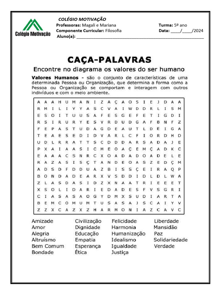 Caça Palavras: Virtudes e Valores | PDF