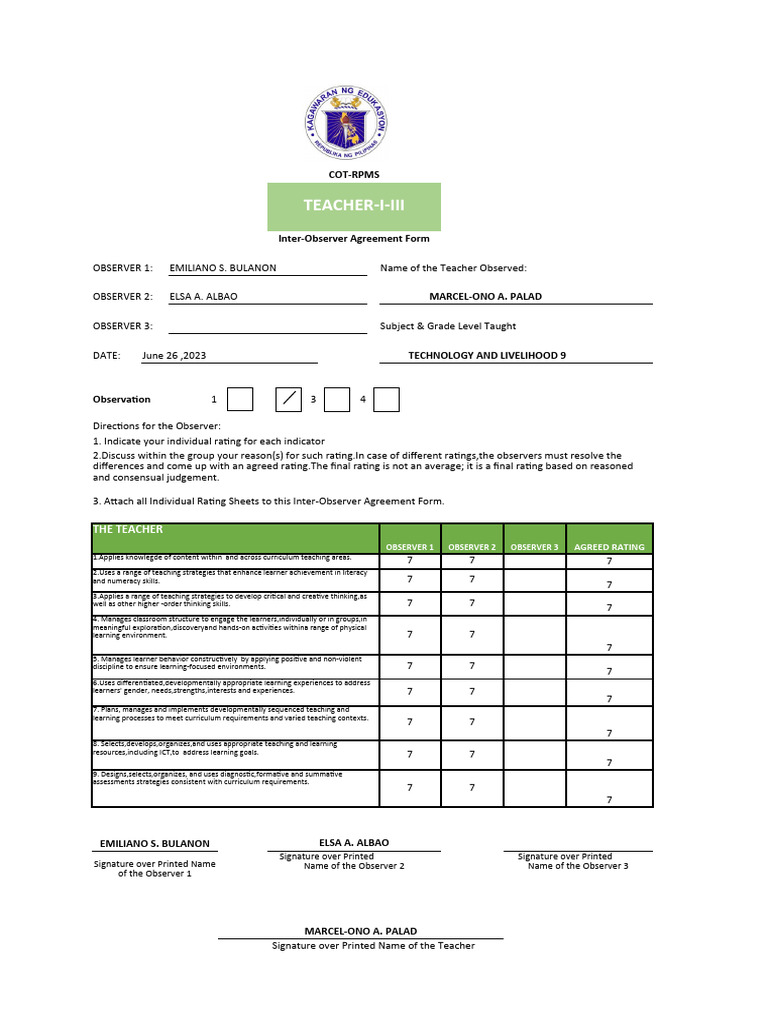 COT-RPMS Observation and Rating Guide | PDF | Learning | Teachers