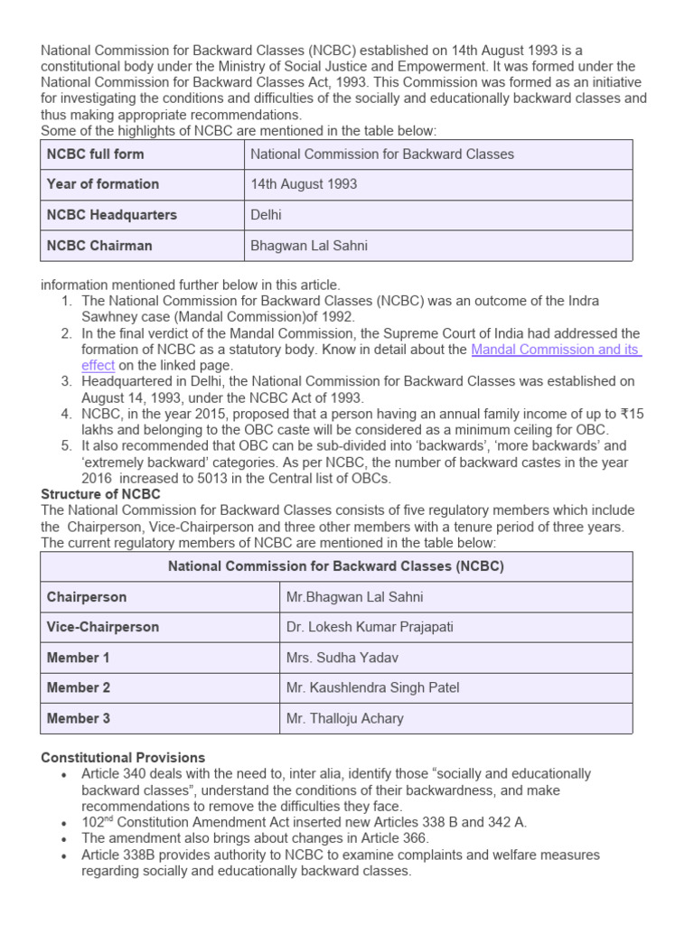 Overview of National Commission for Backward Classes | PDF | Justice ...