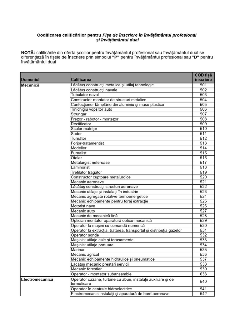 5 Anexa Coduri Calificari Inv - Prof Si Inv - Dual 2024-2025 FINAL | PDF