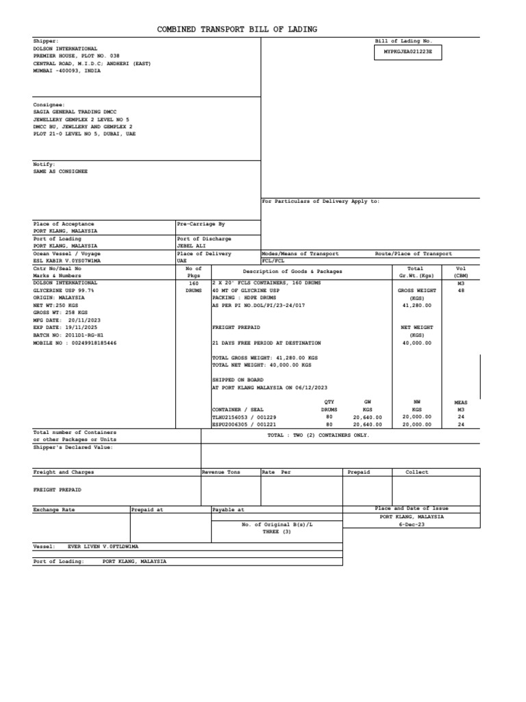 Draft BL - Mypkgjea021223e Shipper | PDF | Cargo | Bill Of Lading
