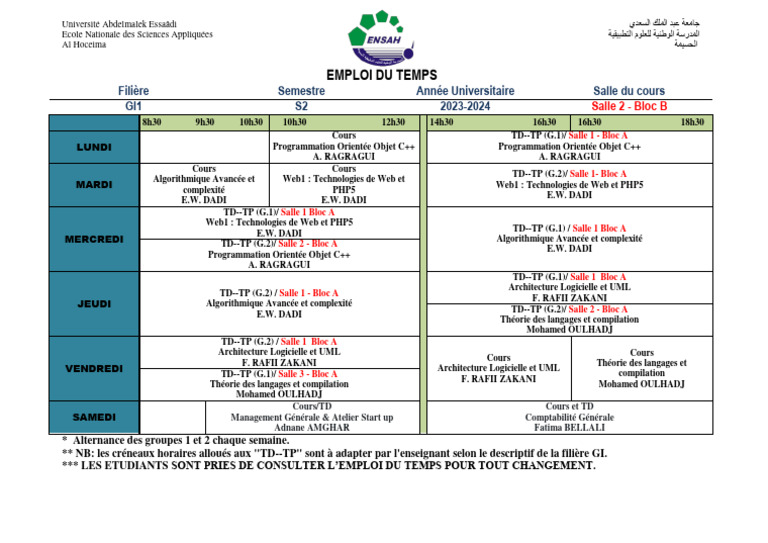 Emploi du temps 2023-2024 Ecole ENSA Al Hoceima | PDF | Développement ...