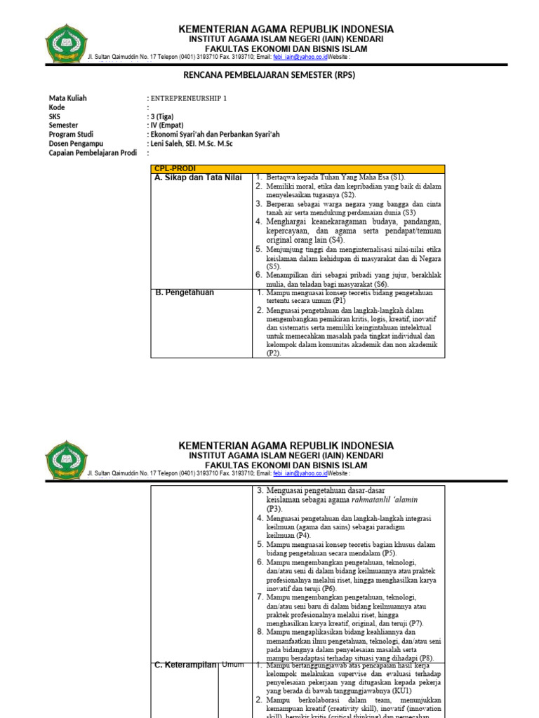 Rencana Pembelajaran Entrepreneurship I | PDF