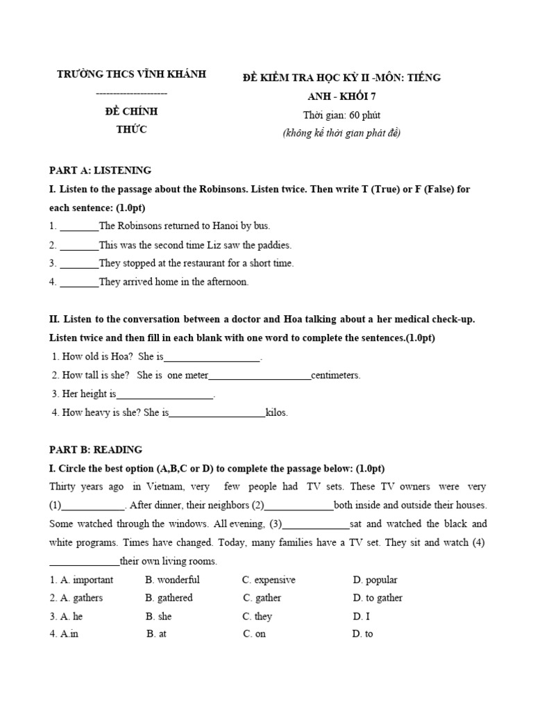De Thi Hoc Ky 2 Mon Tieng Anh Lop 7 Co Dap An | PDF