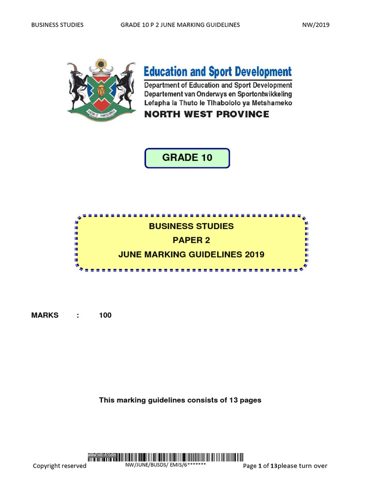 Grade 10 Business Studies Paper 2 June Marking Guidelines 2019 PDF Gambling Partnership