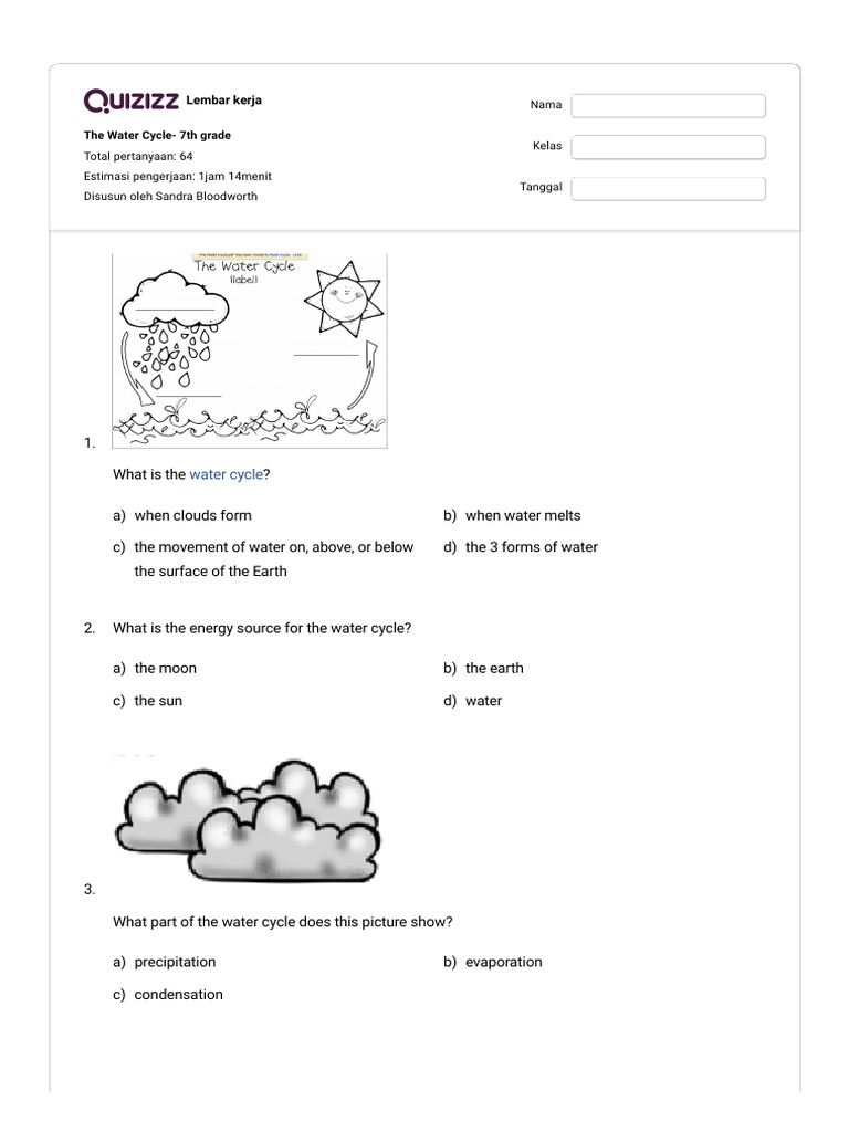 Water Cycle Worksheet for 7th Grade | PDF | Water | Water Cycle