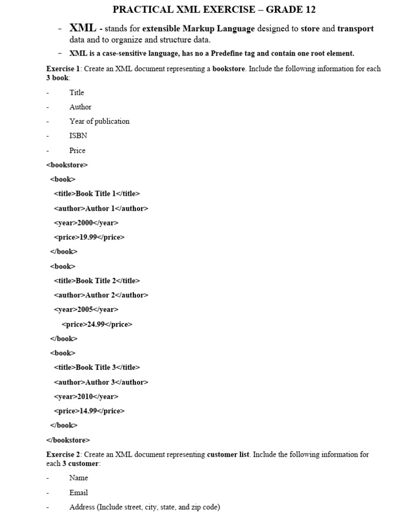 XML Exercises for Grade 12 Students | PDF | Computers