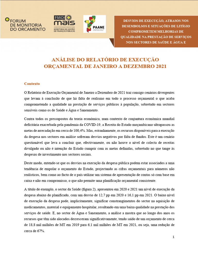 Analise Do Relatorio de Execucao Orcamental de Janeiro A Dezembro 2021 ...